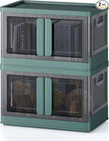 8.4Gal Collapsible Storage Bins with Lids & Wheels - 2 Pack Stackable with Doors, Heavy-Duty Plastic Containers for Home/Office, Green