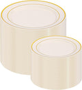 I00000 200 Pcs Gold and Ivory Plastic Plates, Ivory Disposable Party Plates Include 100 Dinner Plate 10’’ and 100 Plastic Dessert Plate 7’’ Perfect for Birthday, Party & Wedding