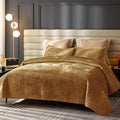 Velvet Quilt Queen Size,Luxurious Cross Stitch Striped Quilted Bedding Set,Oversized Bedspread Coverlet with Brushed Back,Ultra Soft Cozy Warm for All Season,Gold Caramel,Queen