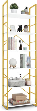 CAPHAUS 6 Tier Bookshelf, 24 Inch Width Free Standing Shelf, Bookcase Shelf Storage Organizer, Industrial Book Shelves for Home Office, Living Room, Kitchen, White Wooden Shelves & Gold Frame