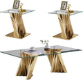 Glass 3 Piece Living Room Table Sets,3-Piece Table Set Includes 1 Glass Coffee Table and 2 End Tables with Stainless Steel Frame,Modern Coffee Table Set of 3 for Living Room (Gold)