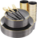 Supernal 180pcs Black Plastic Dinnerware Set Include Gold and Black Plates,Clear Disposable Plates,Gold Plastic Silverware,Clear Cups Suit for Party, Birthday