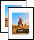 16x20 Metal Frames Set of 2, 16 x 20 Aluminum Photo Frames with 11x14 Mat - Sawtooth Hangers, Spring Clips for Wall Mounting Horizontal and Vertical(Black)