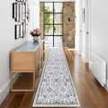 vivorug Runner Rug 2x10 Machine Washable Rug with Non-Slip Backing, Ideal for Kitchen Hallway Entryway Laundry Room - Vintage, Durable, Easy Clean, Low Pile Carpet Runner, Ivory/Blue