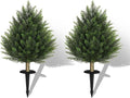 24 Inch 2 Set Artificial Cypress Topiary Tree, Outdoor Indoor Faux Boxwood Bush Plants, Fake Cedar Potted with Ground Spike for Home Front Porch Decor Outside Garden