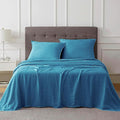 Talasily Linen Sheets-Queen Size Sheets Set,Blend from Linen Cotton Bedsheets,All Seasons Soft Breathable 4 Piece Set-Blue