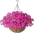 Artificial Fake Hanging Flowers Plants in Basket for Outdoor Decoration, 12 Pcs Faux Morning Glory in Planter Realistic UV Resistant Silk Flowers for Home Porch Patio Balcony Yard Outside, Fuchsia
