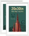 VCK 20x30 Poster Frame White - with Mat 16x24, Exclusive Textured Solid Wood Picture Frame Horizontal and Vertical Formats with Included Hanging Hardware, 2 Pack