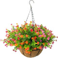 Artificial Hanging Flowers Basket, 12 UV-Resistant Bundles of Realistic Fake Flowers, Faux Plants for Outdoor Decor, Home, Garden, Porch, Patio, Spring & Summer Decorations, Orange Pink Red