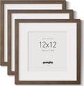 Yaetm Square 12x12 Picture Frame – Brown Walnut, Solid Wood Frame 12x12 with Tempered Real Glass, Display 8x8 Photo with Mat or 12 x 12 Art Print without Mat, Wall Mount (3 Pack, Walnut)