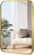 24x36 Inch Gold Mirror, Framed Rectangle Mirror with Rounded Corner, Brushed Brass Mirror, Gold Bathroom Mirror for Over Sink, Vanity, Living Room, Bedroom, Horizontal/Vertical
