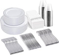 bUCLA 350PCS Silver Plastic Dinnerware Set for 50 Guests - Silver Plates Disposable Include 50 Dinner & 50 Dessert Plates,50 Forks,50 Knives,50 Spoons,50 Cups,50 Napkins for Party