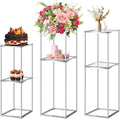 2-Tier Metal Flower Stand Set with Acrylic Shelves, Geometric Display Rack for Wedding Centerpieces, Party Decor, Tall Floor Vase Stand (Silver, Set of 3-36.8