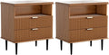 Nightstand with Charging Station, Wide Fluted Nightstand, Wood for Bedroom, Living Room, Black Dresser with Storage Drawers, Bedside Table with Metal Handle & Leg (Walnut Set of 2, 23.3)