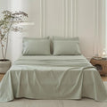6PS Linen Like Bedding Sheet Sets Sage Green Queen Size Cotton Bedding Set Oeko-TEX Standard 100% Washed Cotton Deep Pocket Queen Size Fitted Sheet Plus Cozy Flat Sheet and 4 Pillowcases