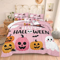 Pumpkin Ghost Comforter Set Girls Pink Halloween Bedding Set Orange Pumpkin White Ghost Bat Spider Cute Cartoon Bedding Kids Teens Happy Halloween Bed Set King Size