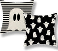 Halloween Decor Pillow Covers 16x16 Set of 2 - Cute Black Stripes Ghost Decorative Throw Cushion Case for Couch Sofa - Linen Halloween Home Decoration