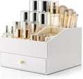 Vlando Makeup Organzier,Vanity Organizer with Drawers, PU Leather Skincare Organizer Perfume Organizer,Large Cosmetic Display Case for Lipstick,Brushes Gifts for Women-White