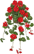 Briful Artificial Geranium Hanging Plant in Vintage Woven Basket, 29.9 Inch Trailing Faux Plant with Red Silk Flowers and Green Plastic Leaves, Realistic Indoor Outdoor Garden Shelf Decor