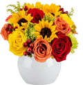 Warm Glow in Opal Vase | Yellow, Orange and Red Fresh Flower Foam Arrangement | Arabella Bouquets | Fresh Flowers for Delivery, Thanksgiving, Birthday, Congratulations