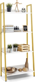 CAPHAUS 4 Tier Ladder Bookshelf, 24 Inch Width Free Standing Shelf, Bookcase Shelf Storage Rack Organizer, Industrial Book Shelves for Home Office, Living Room, Kitchen, White Shelves & Gold Frame