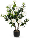 Goplus 38’’ Artificial Camellia Tree, Flower Plants Artificial Tree, Faux Floral Plant Blooming Tree in Cement Pot, Greenery Potted Plant for Indoor Outdoor Office Home Porch Decor