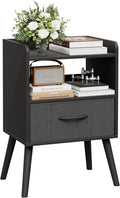NightStand with Open Shelf,Night Stand with Drawer Storage Side Table End Tables,Bedside Table with Solid Wood Feet,Mid Century Night Stands for Bedroom Sofa Couch Small Spaces (Black)