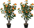 Goplus 40” Artificial Camellia Tree, 2 Pack Flower Plants Artificial Tree, Faux Floral Plant Blooming Tree in Cement Pot, Greenery Potted Plant for Indoor Outdoor Office Home Porch Decor