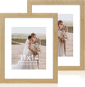 11x14 Picture Frame Set of 2, Made of Glass and Natural Oak Wooden Frame, Display 8x10 Pictures with Mat or 11 x 14 Posters without Mat for Wall Mounting, Gallery Photo Frames
