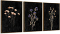 SAFERRYHOME Moody Dark Floral Wall Art Set of 3 - Vintage Black Botanical Canvas Prints Framed Dried Wildflower Artwork, Modern Dark Academia Decor for Living Room, Bedroom & Office - 16x24 Inch Framed
