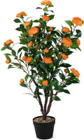 Goplus 40” Artificial Camellia Tree, Flower Plants Artificial Tree, Faux Floral Plant Blooming Tree in Cement Pot, Greenery Potted Plant for Indoor Outdoor Office Home Porch Decor, Free Maintenance