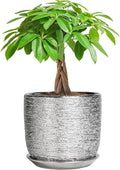 Ceramic Flower Pot - 7 Inch Ceramic Plant Pot for Indoor Flowers, Modern Outdoor Round Planter with Drainage Hole and Saucer, Gifts for Plant Lovers, Home Garden Decor, Silver