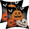 Halloween Pillow Covers 18x18 Set of 2 Black Orange Pumpkin Spider Web Bat Decorative Throw Pillow Covers Outdoor Decor Autumn Halloween Pillowcase Farmhouse Linen Cushion Case for Home Couch