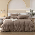 JIYUAN 100% Washed Cotton Duvet Cover Set 3 PCS Super King Plus, 1 Duvet Cover 120x120 Inches(Comforter Not Included) and 2 Pillowcases,Linen Feel Bedding Set Comfy and Breathable,Light Brown