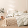 VM VOUGEMARKET Teen Boys Duvet Cover Set Twin,Greyish-Green Stripes Duvet Cover with 2 Pillowcases,Modern Cozy Washed Cotton Comforter Cover with Zipper Closure & Corner Ties 68