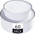 LIYH 60 Pcs White Plastic Plates Disposable for Party Black Plastic Disposable Heavy Duty Party Wedding Plates Including 30 Dinner Plate 10.25” & 30 Dessert Plate 7.5