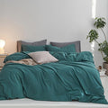 MooMee Full Duvet Cover Set, 100% Washed Cotton Linen Like Twill Thick Sturdy Material Super Soft Breathable Durable Bedding for All Season, 3 Pieces (Green, Full 80