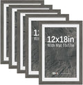VCK 12x18 Picture Frame 5 Pack - Grey, High-End Wood Poster Frames with Tempered Glass, Display 11x17 Photo with Mat or 12x18 without Mat, Art Gallery-Quality, Wall Hanging, Grey