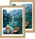 12x16 Picture Frame Set of 2, Natural Oak Wood Style - Display 12 x 16 Poster without Mat or 11x14 Picture with Mat, Wall Mounting Horizontal and Vertical