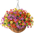 INQCMY Artificial Fake Hanging Plants Flowers Basket for Summer Outdoor Decoration, Faux Silk UV Resistant Colorful Daisy Eucalyptus for Outside Garden Porch Home Patio Balcony Yard