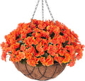 Fall Artificial Flowers with Hanging Basket for Outdoor Indoor, 4 Branches Fake Hydrangea Flowers in Coconut Lining Hanging Basket Home Courtyard Spring Summer Decor(Orange)