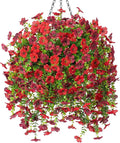 Artificial Fake Hanging Flowers Plants with Basket for Outdoor Spring Decoration, Faux Silk Daisy Flower Real Touch UV Resistant for Outside Porch Patio Garden Yard Home Decor(Red Brown)