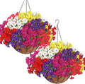 KHOYIME Artificial Hanging Flowers Plants Basket for Outdoors Indoor, 2 Set Faux Silk White Yellow Purple Fuchsia Red Pink Morning Glory Fake Eucalyptus Planters Spring Summer Home Garden Patio Decor