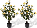 3.2FT Artificial Camellia Trees, Yellow Silk Flowers, Indoor Faux Plants with Realistic Trunk in Black Cement Pot for Home House Living Room Bedroom Office Decor, 2pcs