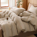 VM VOUGEMARKET Stripes Duvet Cover Set Queen 3pcs Yarn Dyed Muslin Cotton Horizontal Pinstripe Ticking Pattern Bedding Set - Tan Brown Stripe, Queen Size