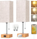Table Lamp for Bedroom set of 2,3-Color Bedside Lamps with Pull Chain Table Lamps for Nightstand with AC Outlets,Small Night Light Lamps with 2 Bulbs Lamps for Living Room Kids Room Office Decor(Wood)
