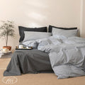 VM VOUGEMARKET Pinstriped Duvet Cover Set Queen 100% Washed Cotton Bedding Set,Grey Ticking Stripes Pattern Duvet Cover with Zipper Closure (3pcs, Horizontal Stripes)