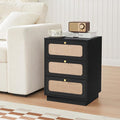 Nightstand with 3 Linen Drawers, Mid Century Modern Night Stand with Linen Drawers & Stable Legs, Wood Rustic Bedside Table End Table Side Table for Bedroom, Black