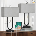 Luvkczc Nightstand Lamps Set of 2 with USB C+A Ports, 24'' Tall Table Lamp with Two 3000K LED Bulbs, Linen Lampshade, Modern Bedside Lamp for Living Room, Bedroom Reading,Grey