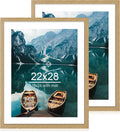 22x28 Frame Set of 2, Natural Oak Wood Style - Display 18x24 Picture Frame with Mat or 22 x 28 Poster Frame without Mat, Wall Mounting Horizontal and Vertical